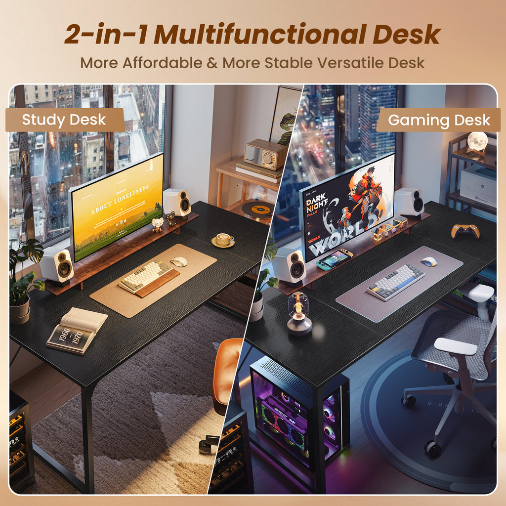 63" Computer Desk, Modern Office, Study & Gaming Desk with Storage, Large Legroom, Sturdy Metal Frame, Black