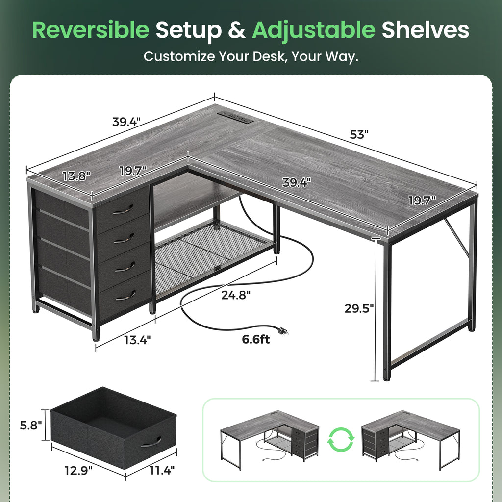 Amadwell 53 Inch L Shaped Desk with Power Outlets & Drawers, Reversible L-Shape Computer Desk, Gray