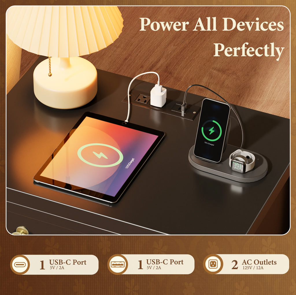 Amadwell Nightstands Set of 2 with Charging Station, 3 Drawer Bedside Table with USB-C Ports, Storage Nightstand for Bedroom, White