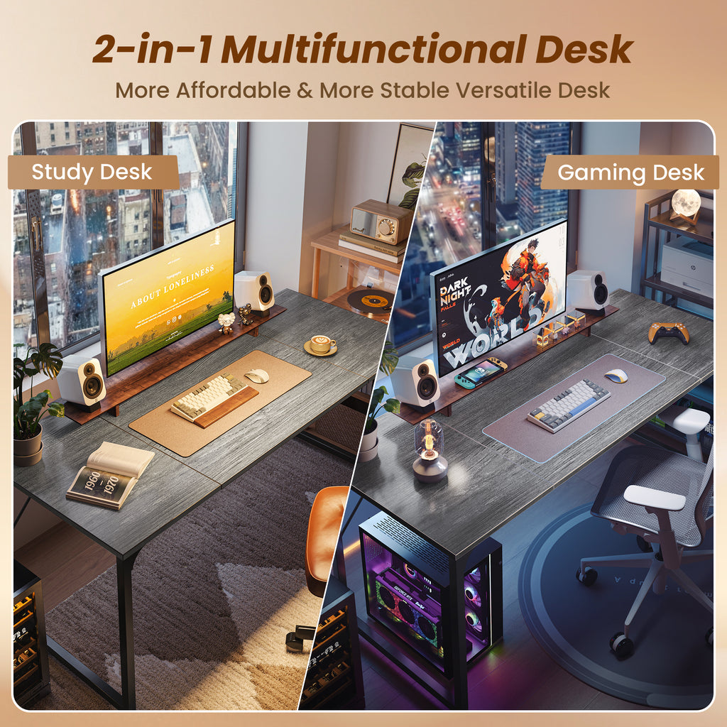 63" Computer Desk, Modern Office, Study & Gaming Desk with Storage, Large Legroom, Sturdy Metal Frame, Grey