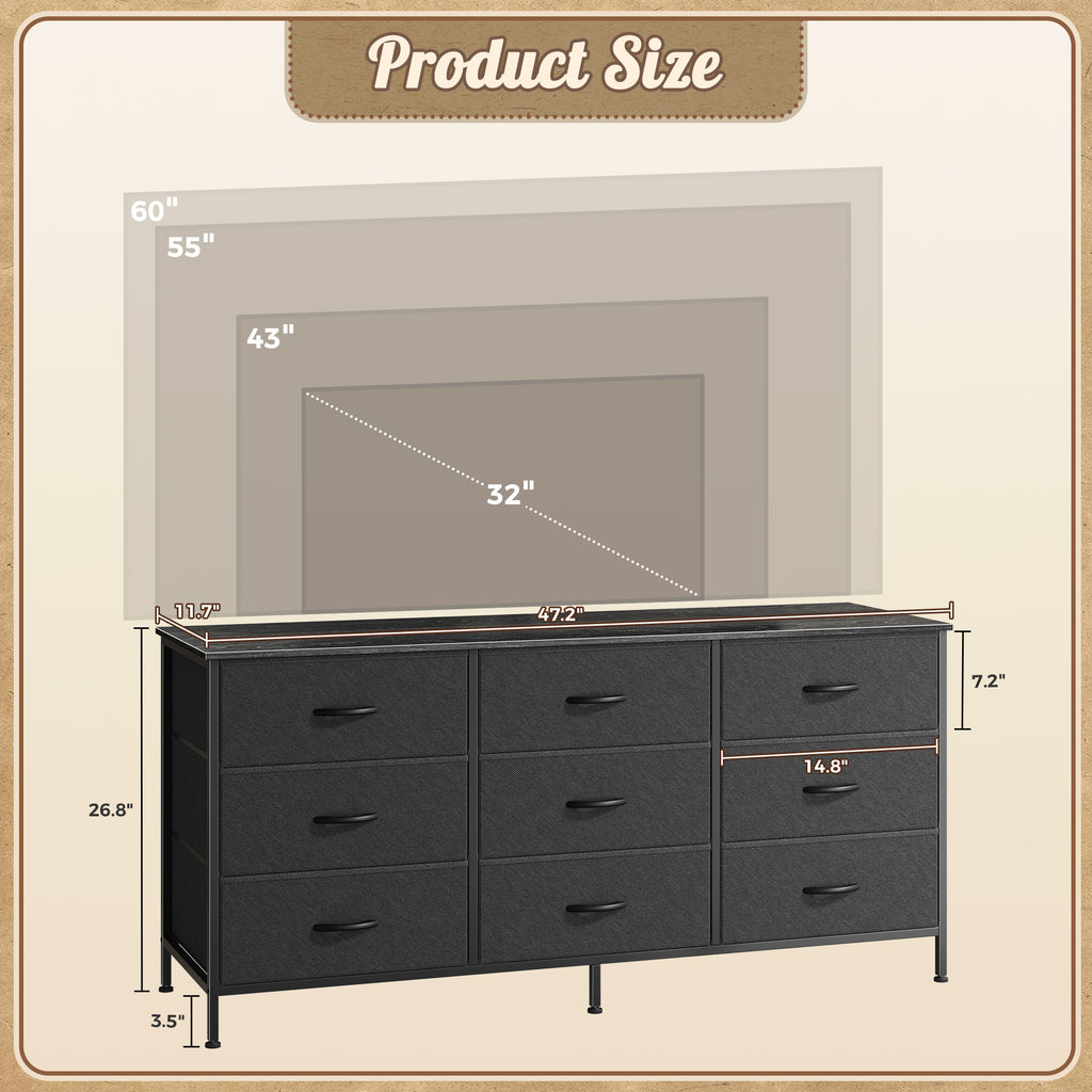 9 Drawer Bedroom Dresser with Storage, 47 Inch TV Stand for 50, 55 Inch TV, Fabric Chest for Closet, Black
