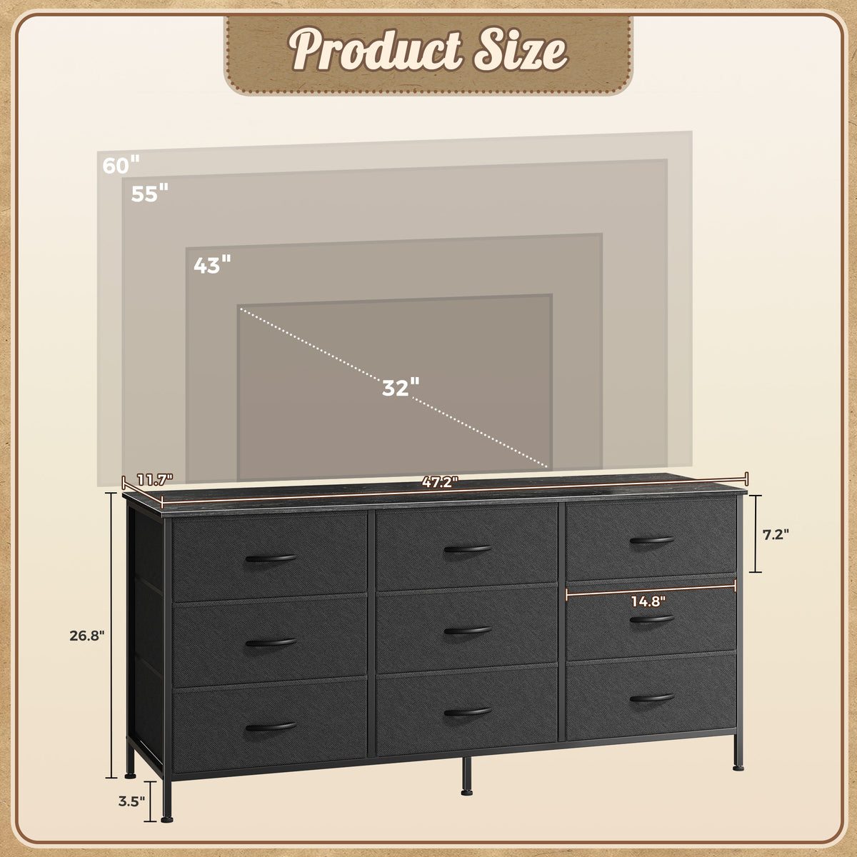 9 Drawer Bedroom Dresser with Storage, 47 Inch TV Stand for 50, 55 Inch TV, Fabric Chest for Closet, Black