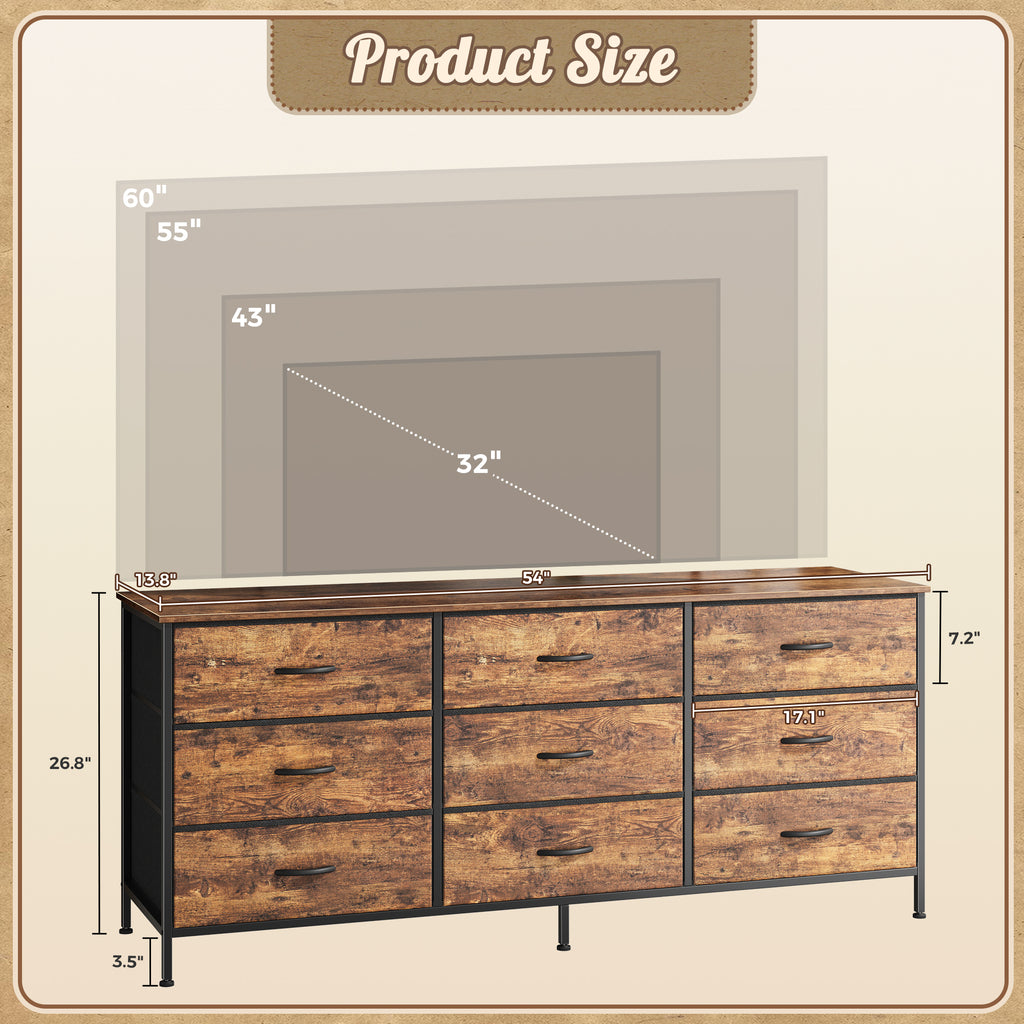 9 Drawer Bedroom Dresser with Storage, 55 Inch TV Stand for 55, 60 Inch TV, Fabric Chest for Closet, Brown