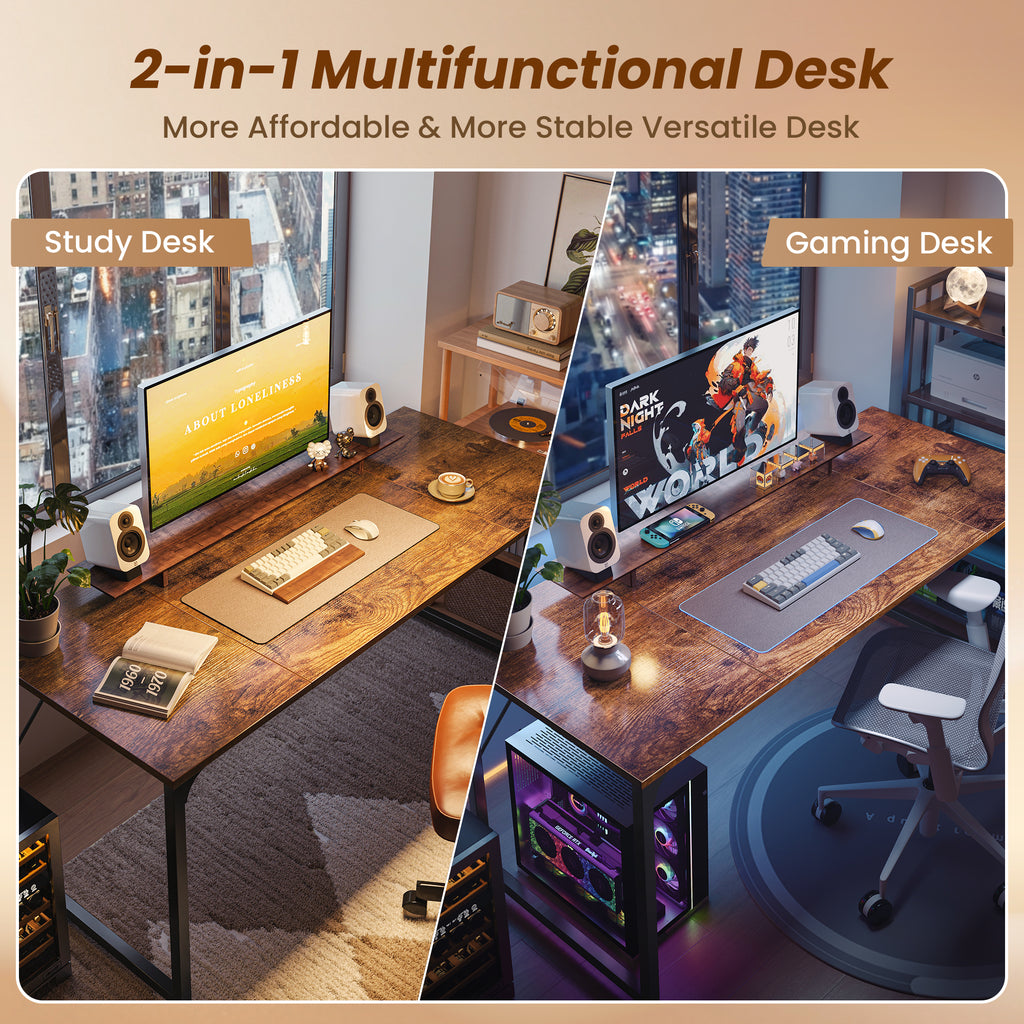 63" Computer Desk, Modern Office, Study & Gaming Desk with Storage, Large Legroom, Sturdy Metal Frame, Rustic Brown