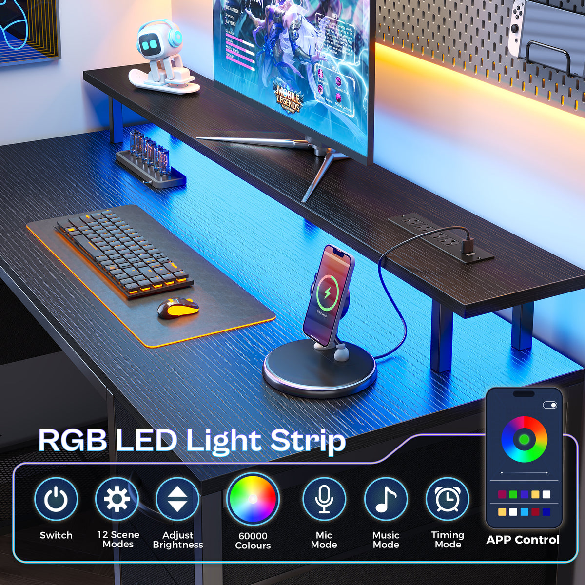 Amadwell 47" Gaming Computer Desk with LED Lights, Power Outlets, Home Office Writing Desk with 4 Drawers, Black