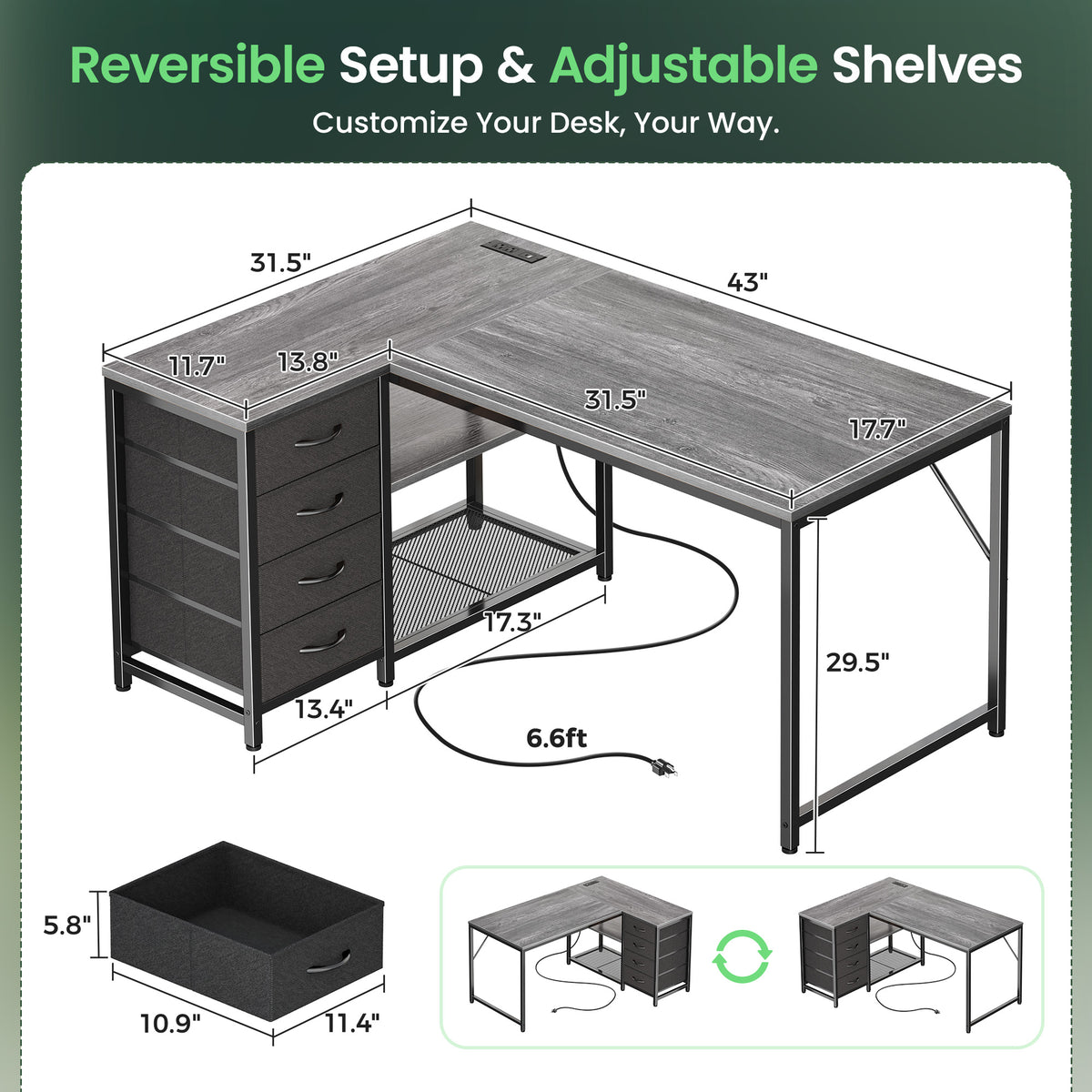 Amadwell 43 Inch L Shaped Desk with Power Outlets & Drawers, Reversible L-Shape Computer Desk, Gray