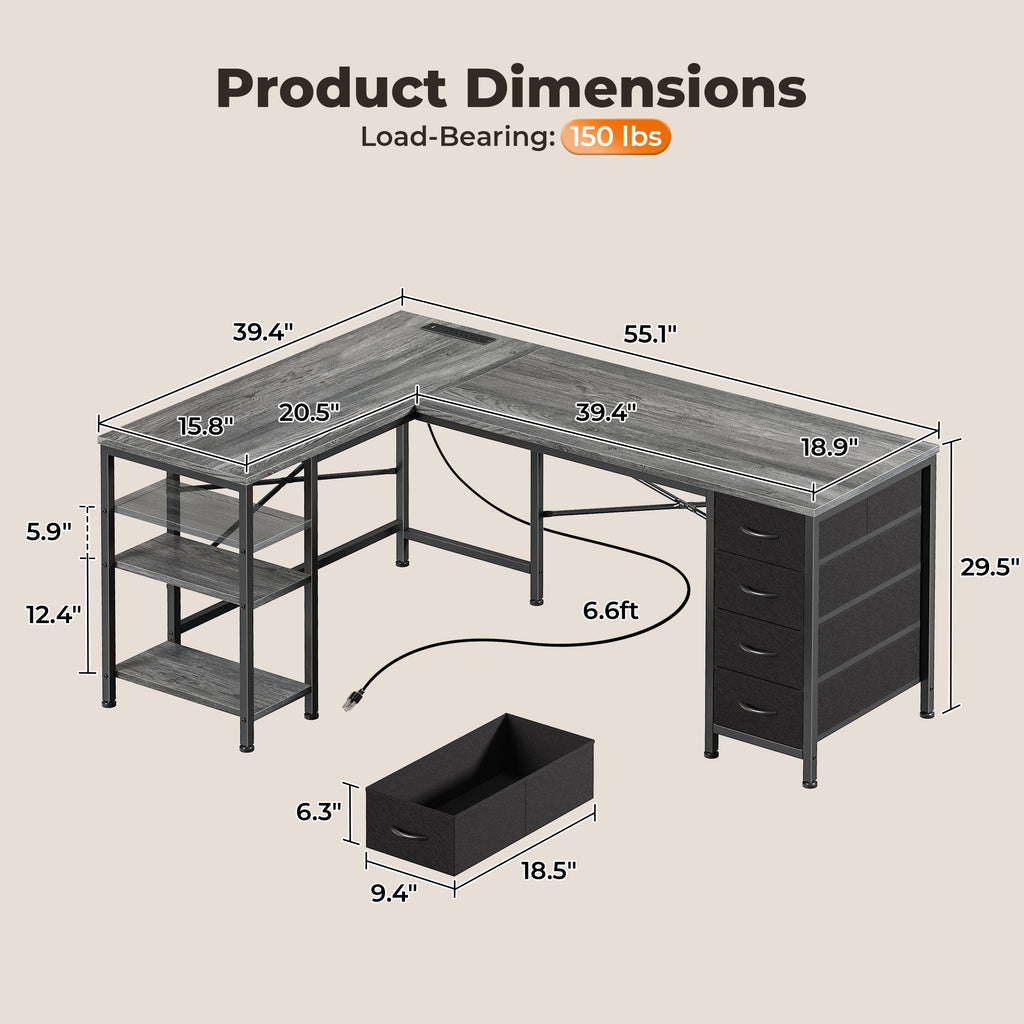 55 Inch L-Shaped Desk with Fabric Drawers, Reversible Home Office & Gaming Desk with Power Outlets, USB-C, and Adjustable Storage Shelves, Gray
