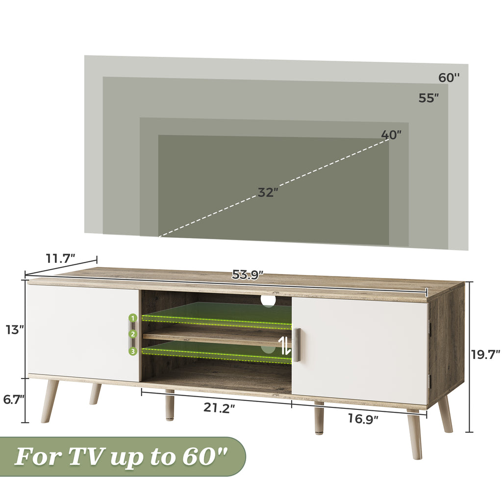 Amadwell Mid Century TV Stand for 60" TVs, Adjustable Shelf, 54 inch Media Console for Living Room, Gray