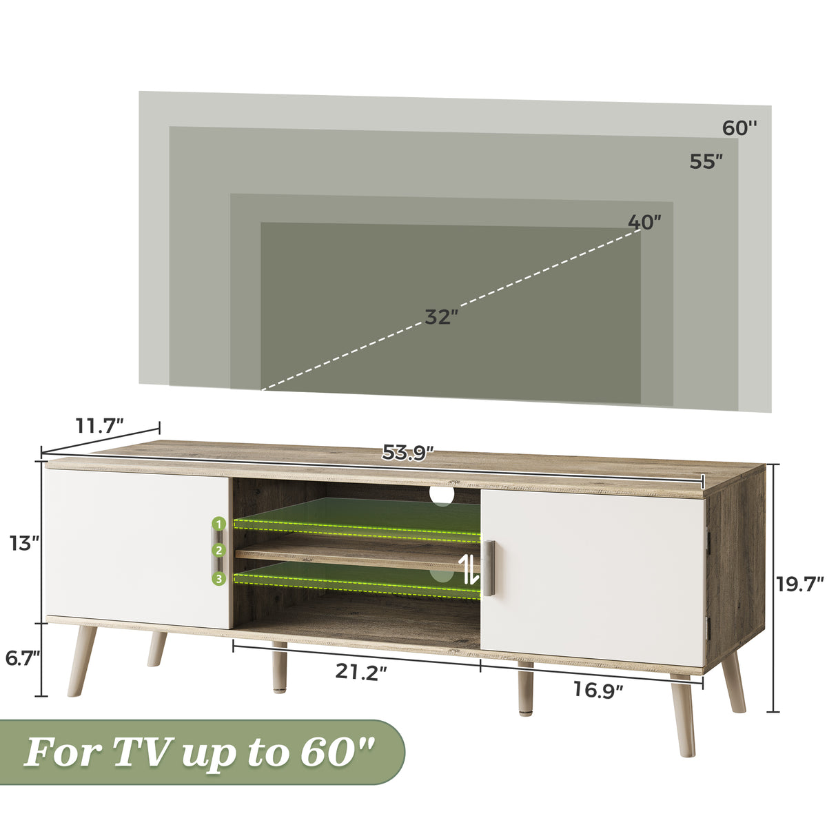 Amadwell Mid Century TV Stand for 60" TVs, Adjustable Shelf, 54 inch Media Console for Living Room, Gray