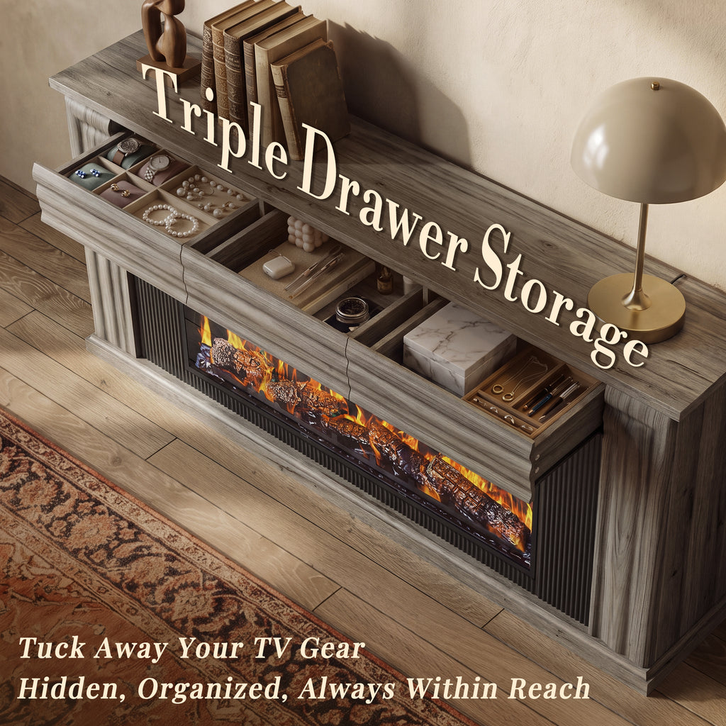 Amadwell 70'' Fireplace TV Stand for 65 75'' TV, Farmhouse TV Stand with 42'' Electric Fireplace, Entertainment Center TV Console for Living Room, 3 Storage Drawers & Fluted Design, Natural