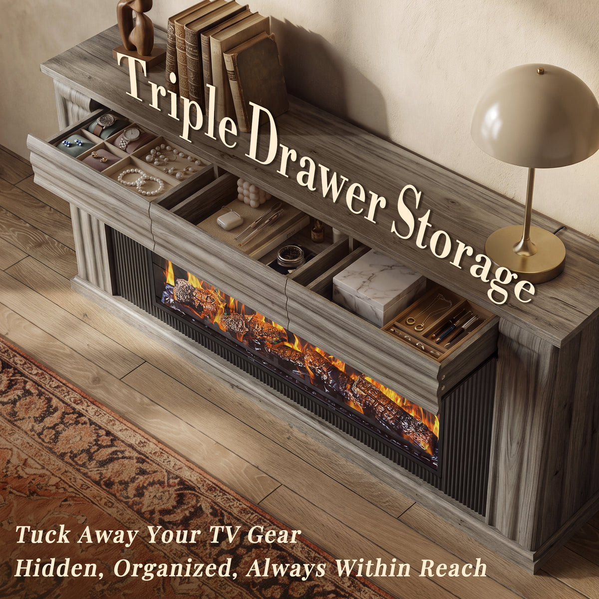 Amadwell 70'' Fireplace TV Stand for 65 75'' TV, Farmhouse TV Stand with 42'' Electric Fireplace, Entertainment Center TV Console for Living Room, 3 Storage Drawers & Fluted Design, Natural