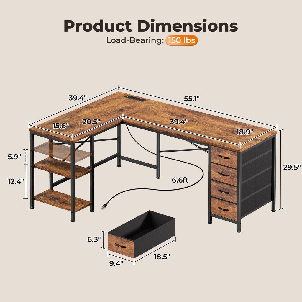 55 Inch L-Shaped Desk with Fabric Drawers, Reversible Home Office & Gaming Desk with Power Outlets, and Adjustable Storage Shelves