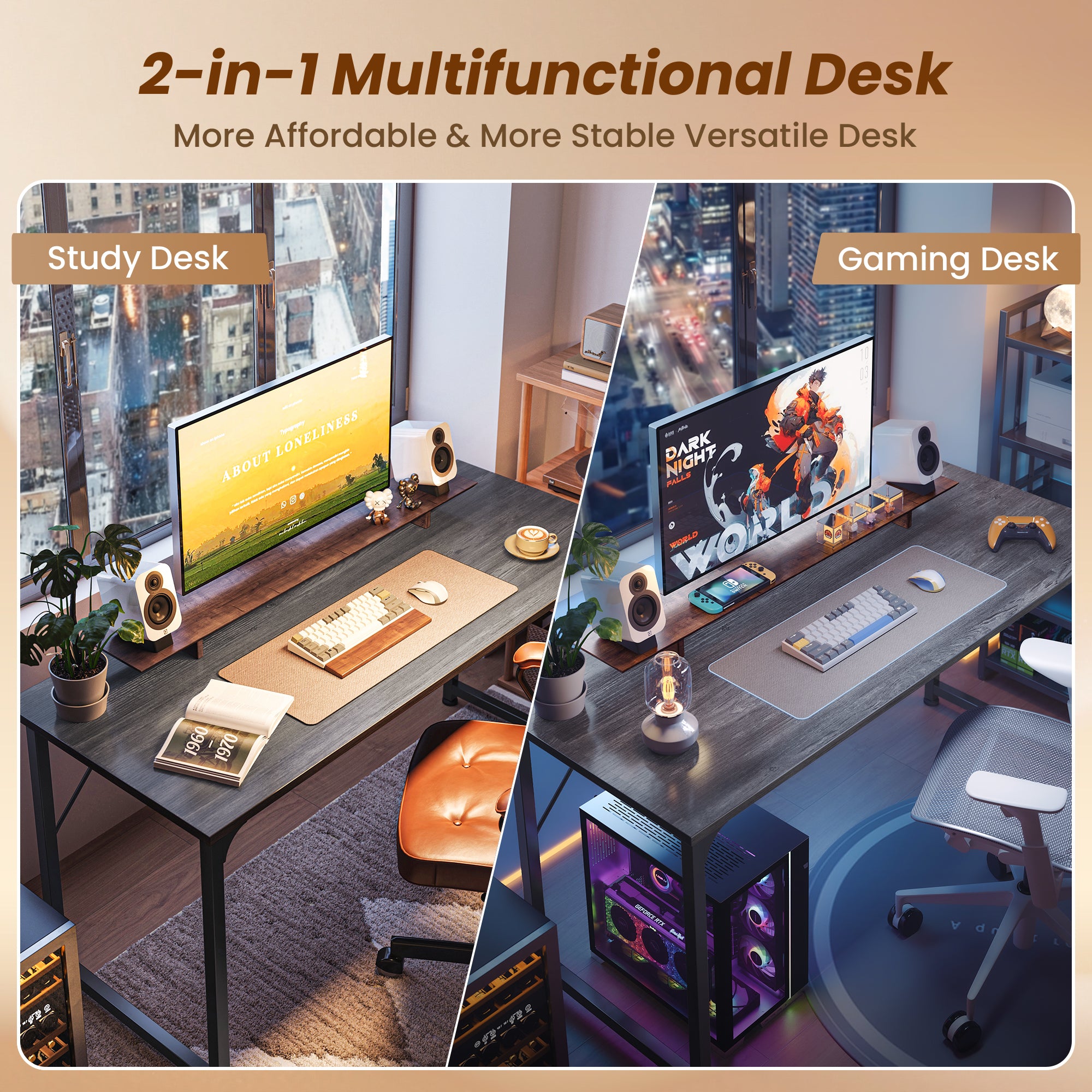 54" Computer Desk, Modern Office, Study & Gaming Desk with Storage, Large Legroom, Sturdy Metal Frame, Grey