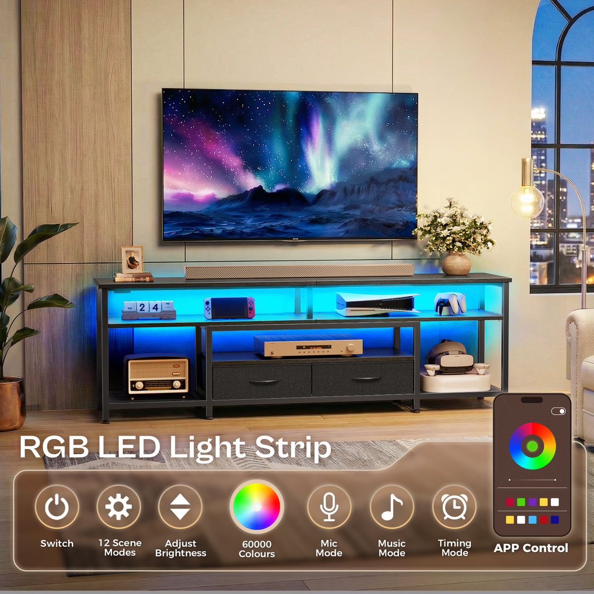 Amadwell 63" LED TV Stand for 65-70 Inch TVs, Entertainment Center with Power Outlets & Drawers, Rustic Brown