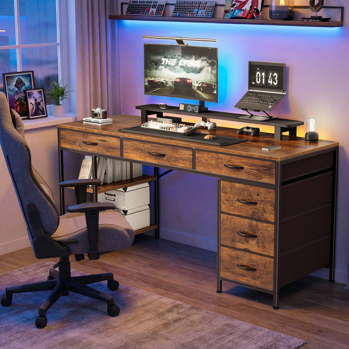 Amadwell 47" Desk with Drawers & Storage, Office Desk with Reversible Shelves, Gaming Computer Desk, Brown