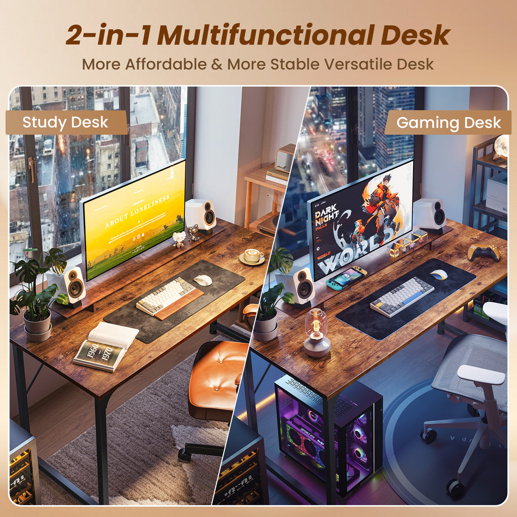 54" Computer Desk, Modern Office, Study & Gaming Desk with Storage, Large Legroom, Sturdy Metal Frame, Rustic Brown