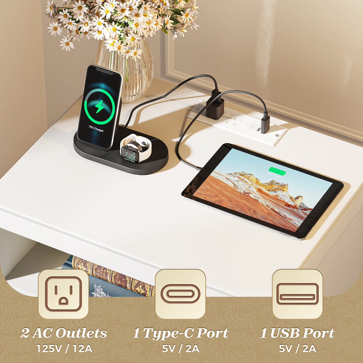 Amadwell Nightstand with Charging Station, Bedside End Table with 2 Drawers & Storage for Bedroom, White