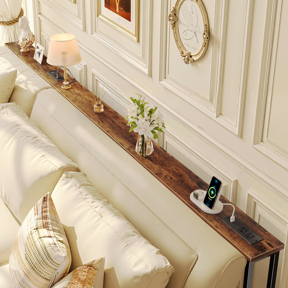 Amadwell 102" Extra Long Console Table with Outlets & USB-C, Slim 5.9" Behind the Couch table, Slim Sofa Table