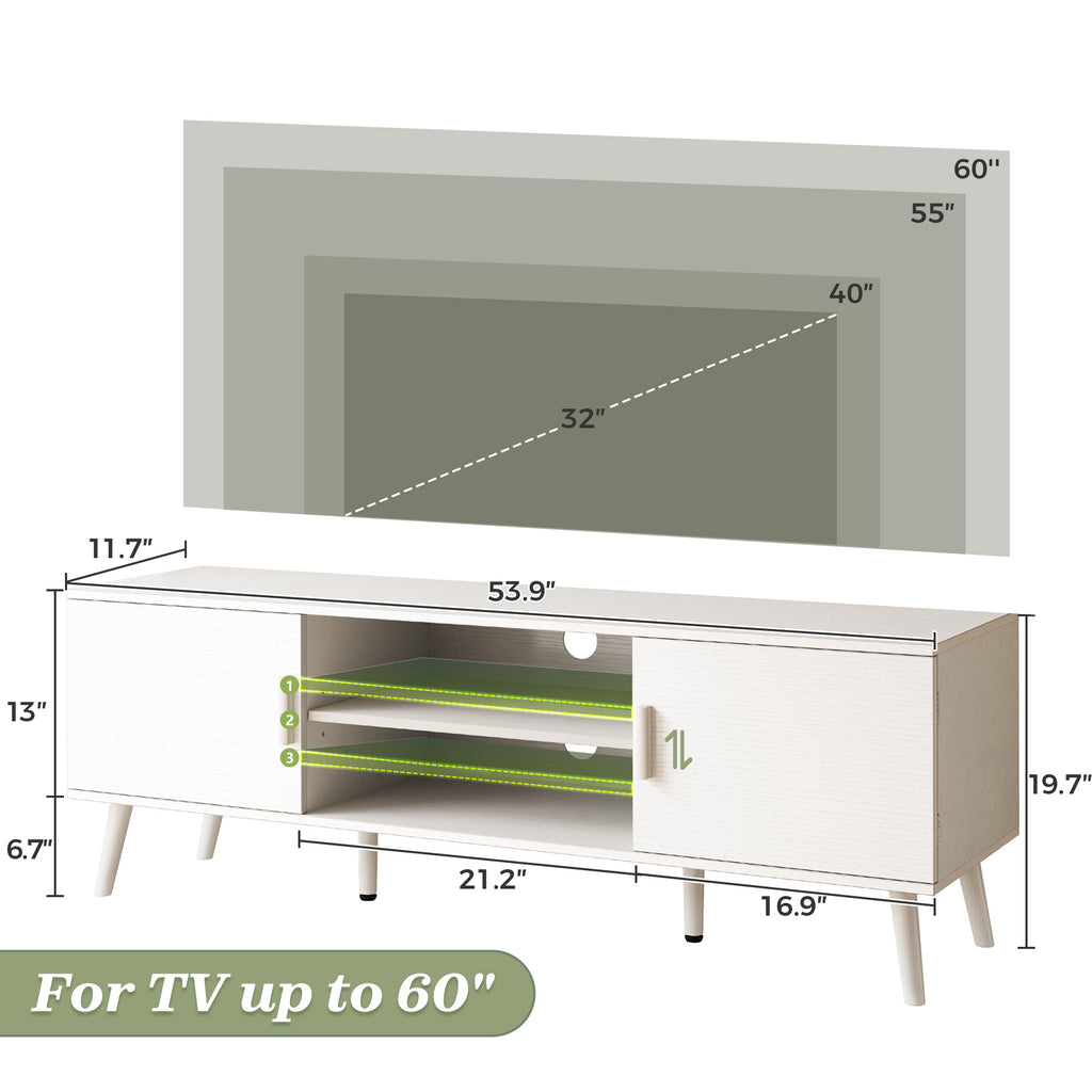 Amadwell Mid Century TV Stand for 60" TVs, Adjustable Shelf, 54 inch Media Console for Living Room, White