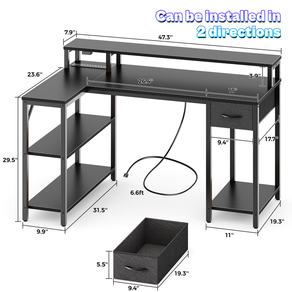 Amadwell 47 Inch L Shaped Desk with LED Strip, Corner Gaming Desk with Power Outlet, Drawer & Shelves, Black
