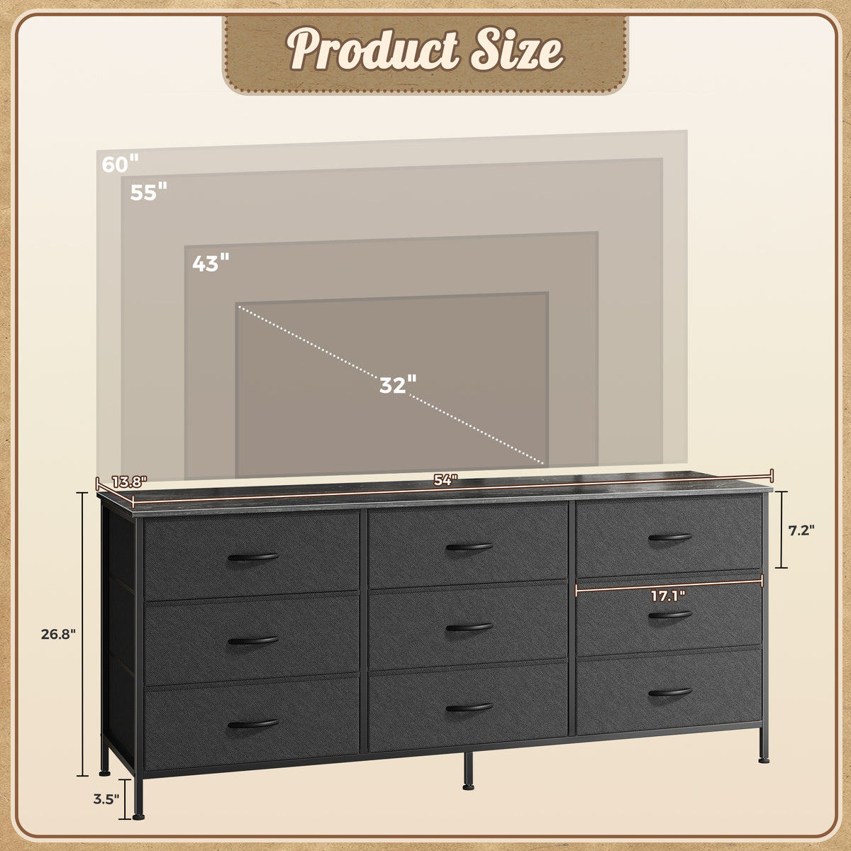 9 Drawer Bedroom Dresser with Storage, 55 Inch TV Stand for 55, 60 Inch TV, Fabric Chest for Closet, Black