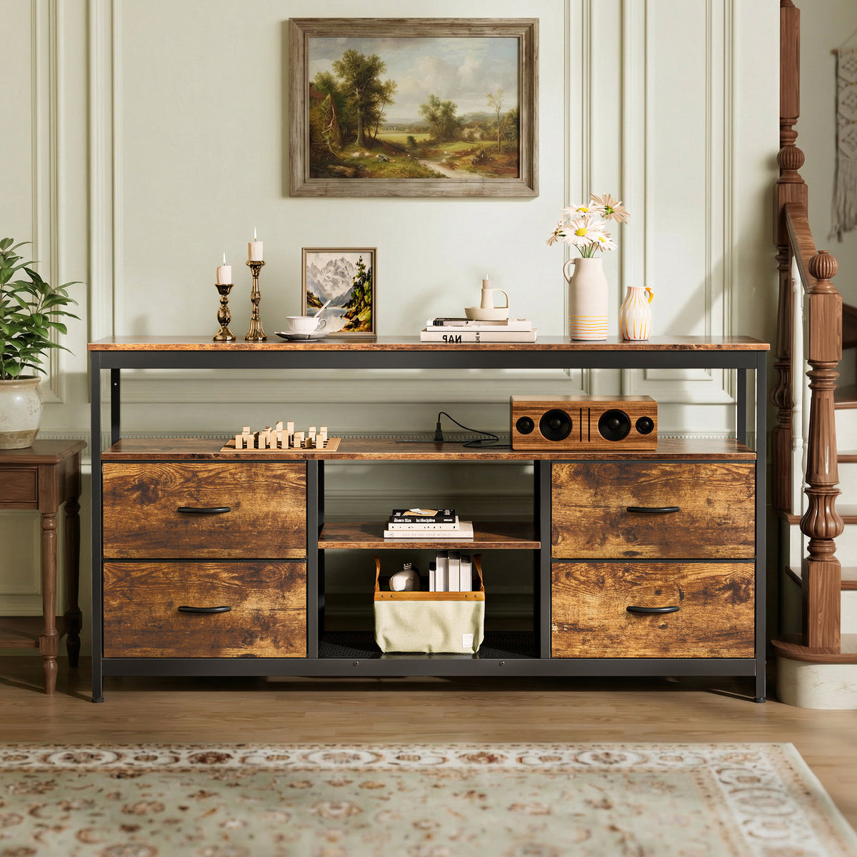 Amadwell TV Stand with Power Outlets & LED Lights, 4 Drawer Dresser Entertainment Center, Media Console with Open Shelf, Brown
