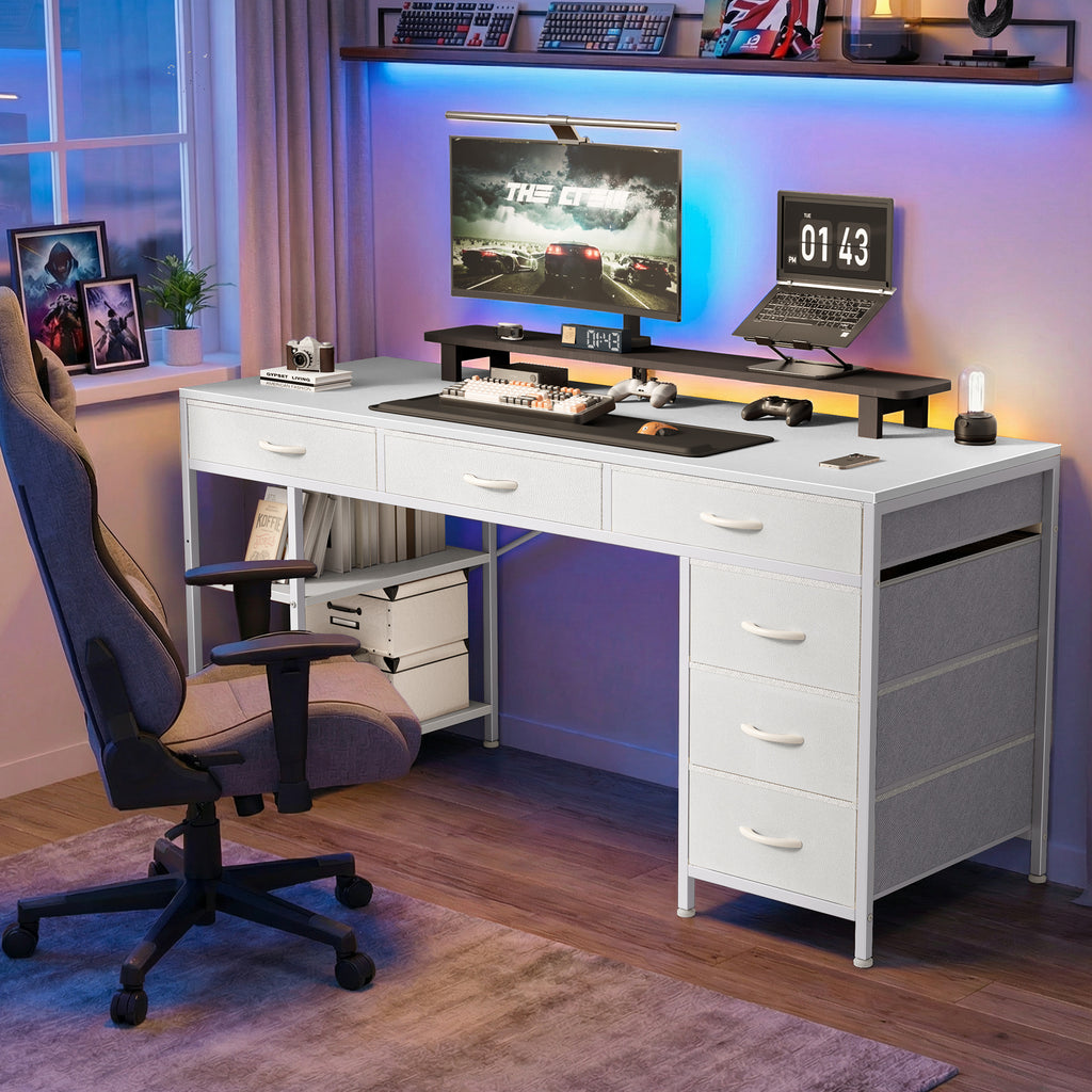Amadwell 47" Desk with Drawers & Storage, Office Desk with Reversible Shelves, Gaming Computer Desk, White