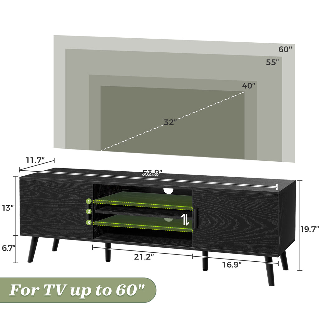 Amadwell Mid Century TV Stand for 60" TVs, Adjustable Shelf, 54 inch Media Console for Living Room, Black