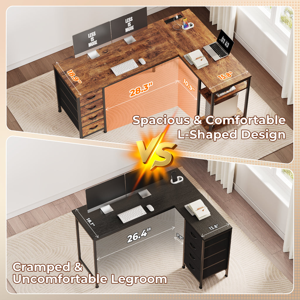 55 Inch L-Shaped Desk with Fabric Drawers, Reversible Home Office & Gaming Desk with Power Outlets, and Adjustable Storage Shelves