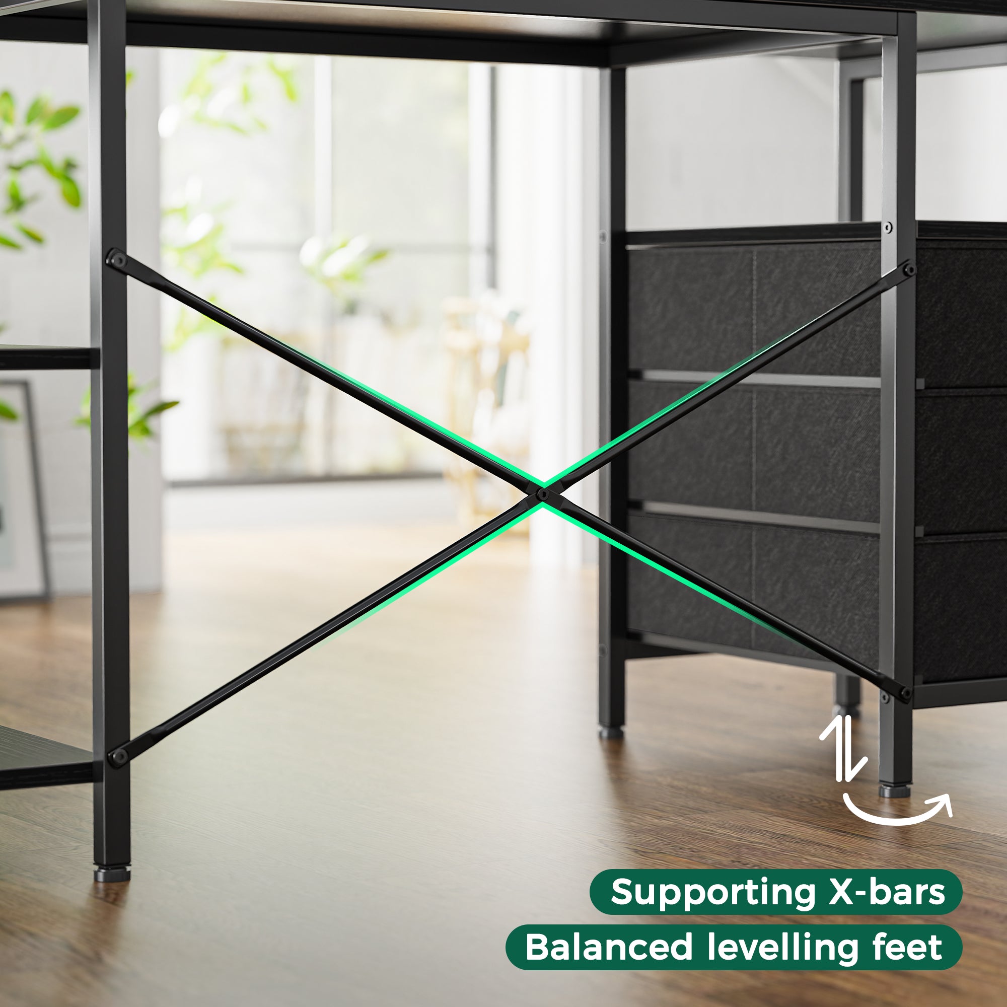 54 Inch L Shaped Office Desk with Power Outlets, Computer Desk with Drawers, Corner Desk for Home Office, Black