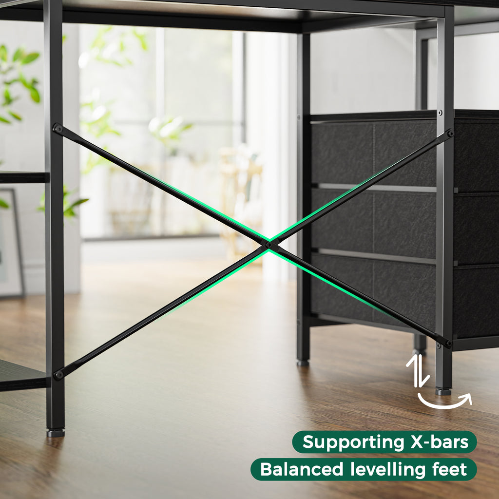 47 Inch L Shaped Office Desk with Power Outlets, Computer Desk with Drawers, Corner Desk for Home Office, Black