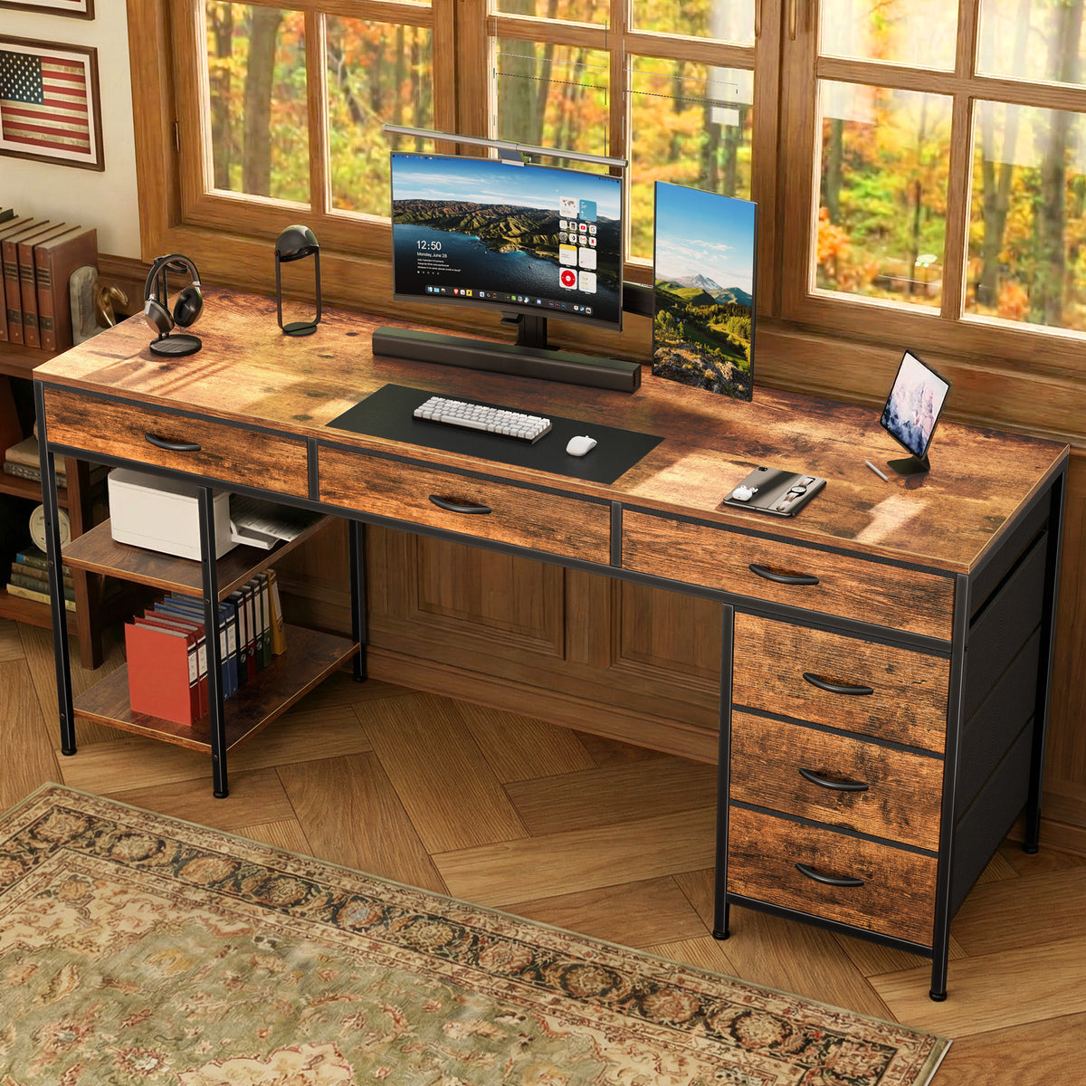 Amadwell 54" Desk with Drawers & Storage, Office Desk with Reversible Shelves, Gaming Computer Desk, Brown