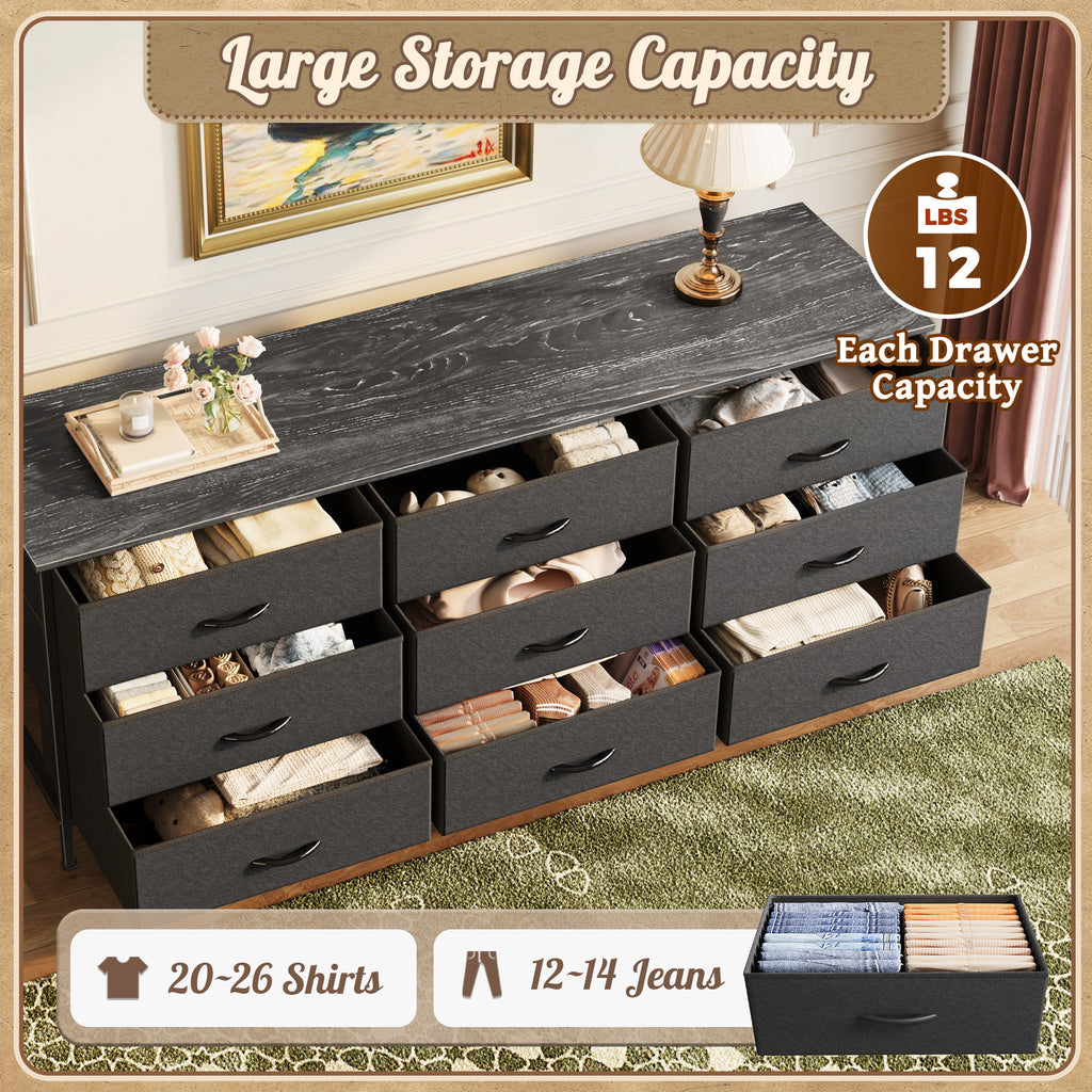 9 Drawer Bedroom Dresser with Storage, 55 Inch TV Stand for 55, 60 Inch TV, Fabric Chest for Closet, Black