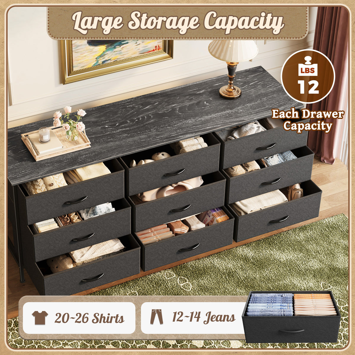 9 Drawer Bedroom Dresser with Storage, 55 Inch TV Stand for 55, 60 Inch TV, Fabric Chest for Closet, Black