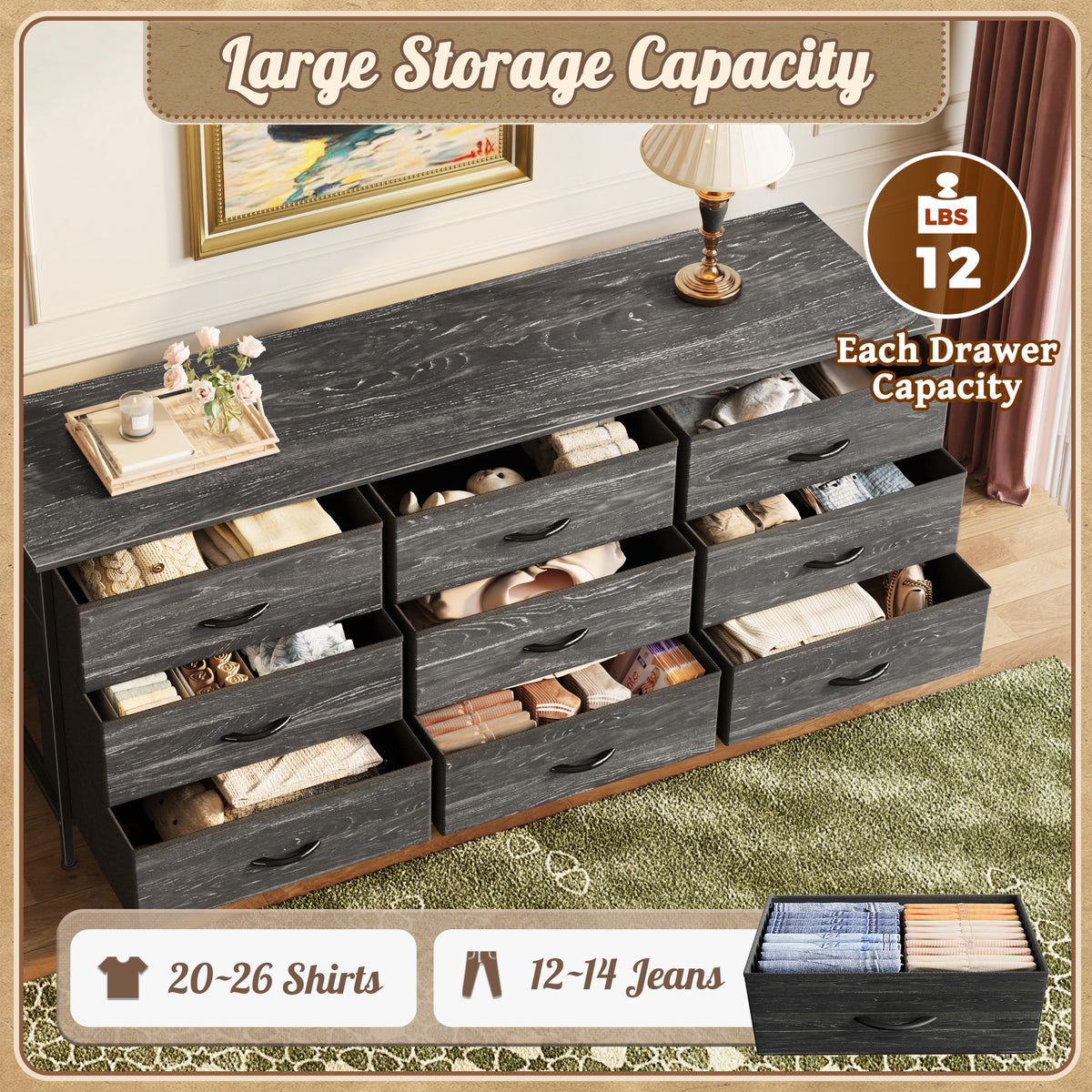 9 Drawer Bedroom Dresser with Storage, 55 Inch TV Stand for 55, 60 Inch TV, Fabric Chest for Closet, Charcoal Black Wood Grain Print
