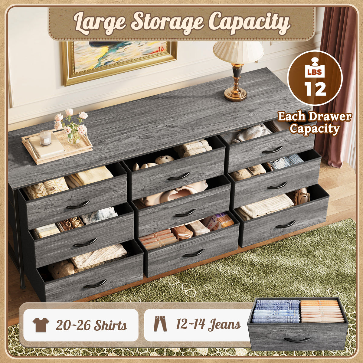 9 Drawer Bedroom Dresser with Storage, 47 Inch TV Stand for 50, 55 Inch TV, Fabric Chest for Closet, Gray