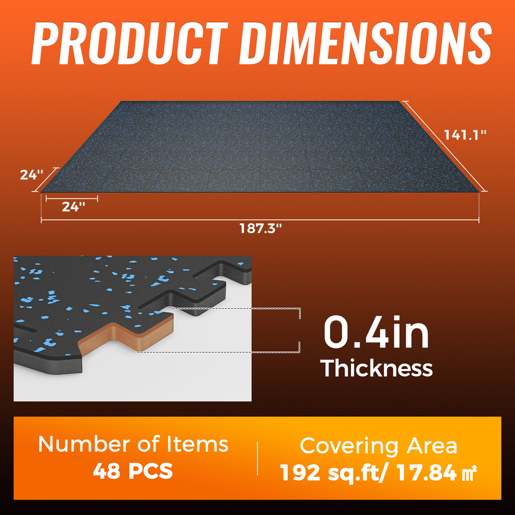 Amadwell 0.4" Thick 192 Sq Ft Gym Flooring for Home Gym, 48Tiles Upgraded Rubber Top with High Density EVA Foam, Interlocking Exercise Equipment Mats, Heavy Weight Workout Mat, Black/Blue