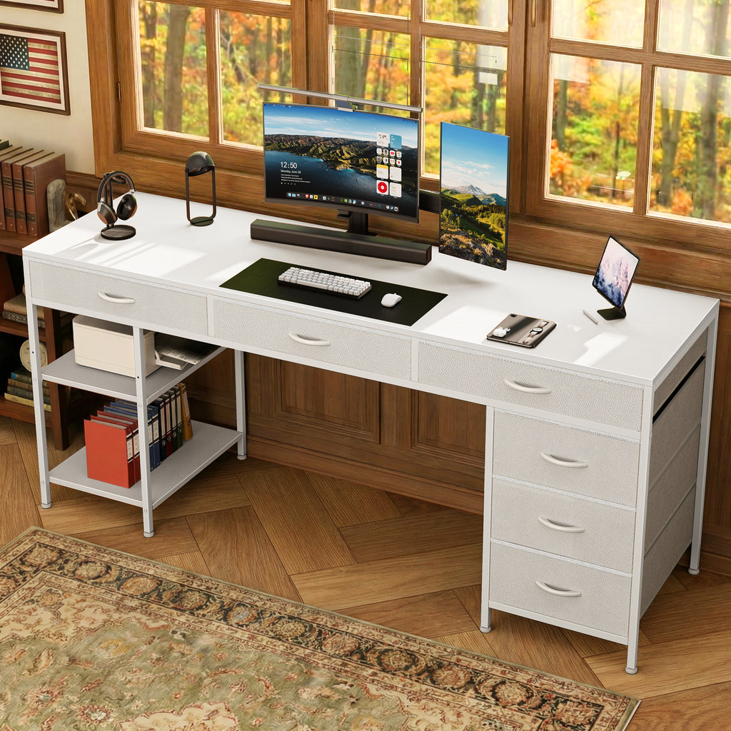 Amadwell 54" Desk with Drawers & Storage, Office Desk with Reversible Shelves, Gaming Computer Desk, White