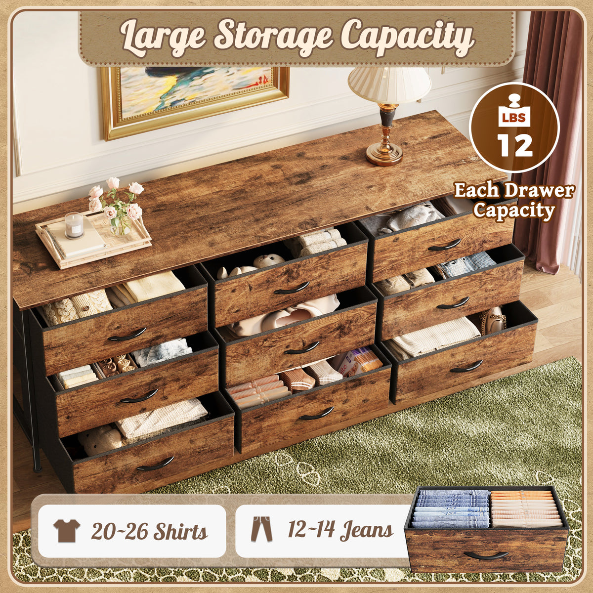 9 Drawer Bedroom Dresser with Storage, 55 Inch TV Stand for 55, 60 Inch TV, Fabric Chest for Closet, Brown