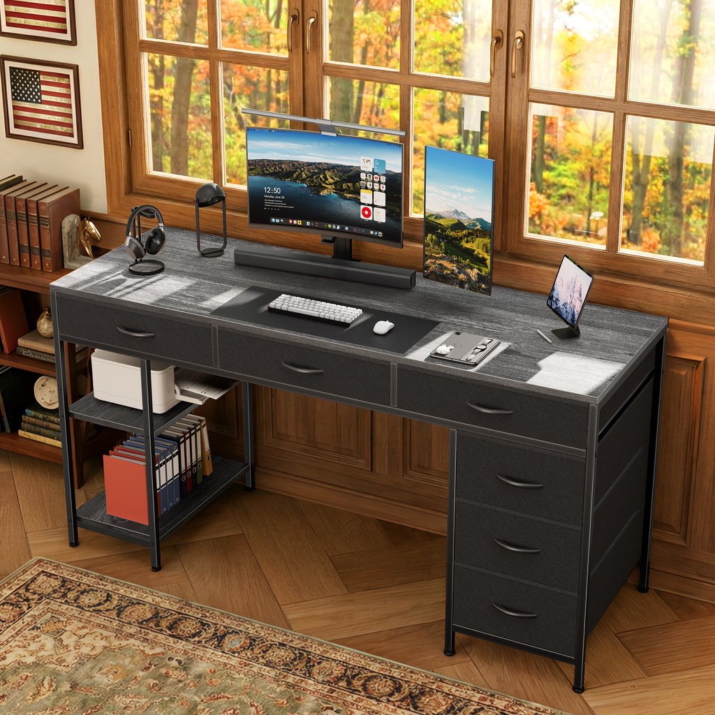 Amadwell 47" Desk with Drawers & Storage, Office Desk with Reversible Shelves, Gaming Computer Desk, Grey