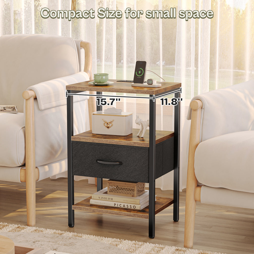 Nightstand with Charging Station, Adjustable Fabric Drawer, 3-Tier Bed Side Table, Night Stand for Bedroom, Storage End Table, Rustic Brown