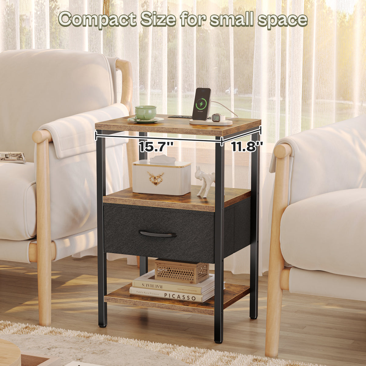 Nightstand with Charging Station, Adjustable Fabric Drawer, 3-Tier Bed Side Table, Night Stand for Bedroom, Storage End Table, Rustic Brown