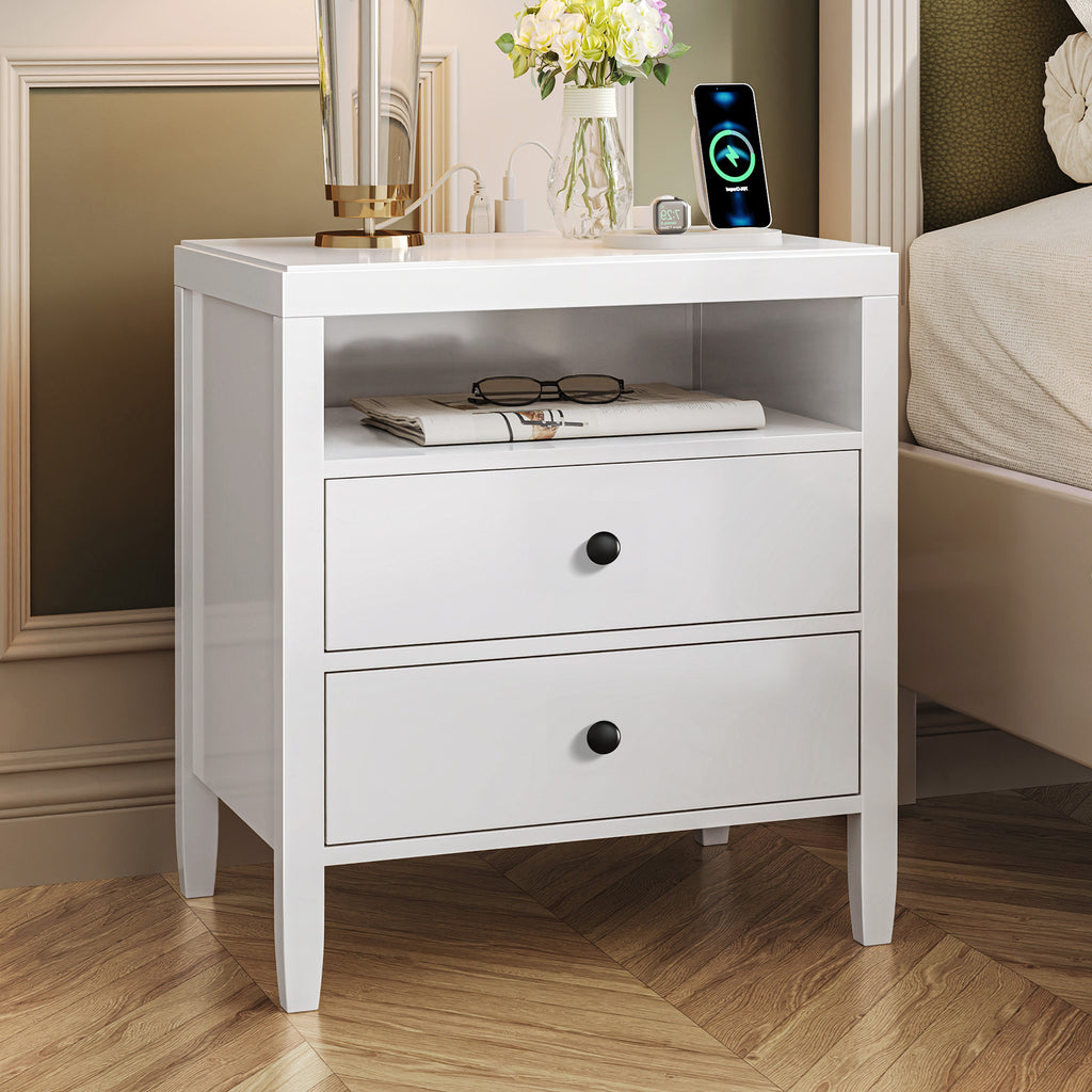 Amadwell Nightstand with Charging Station, Bedside End Table with 2 Drawers & Storage for Bedroom, White