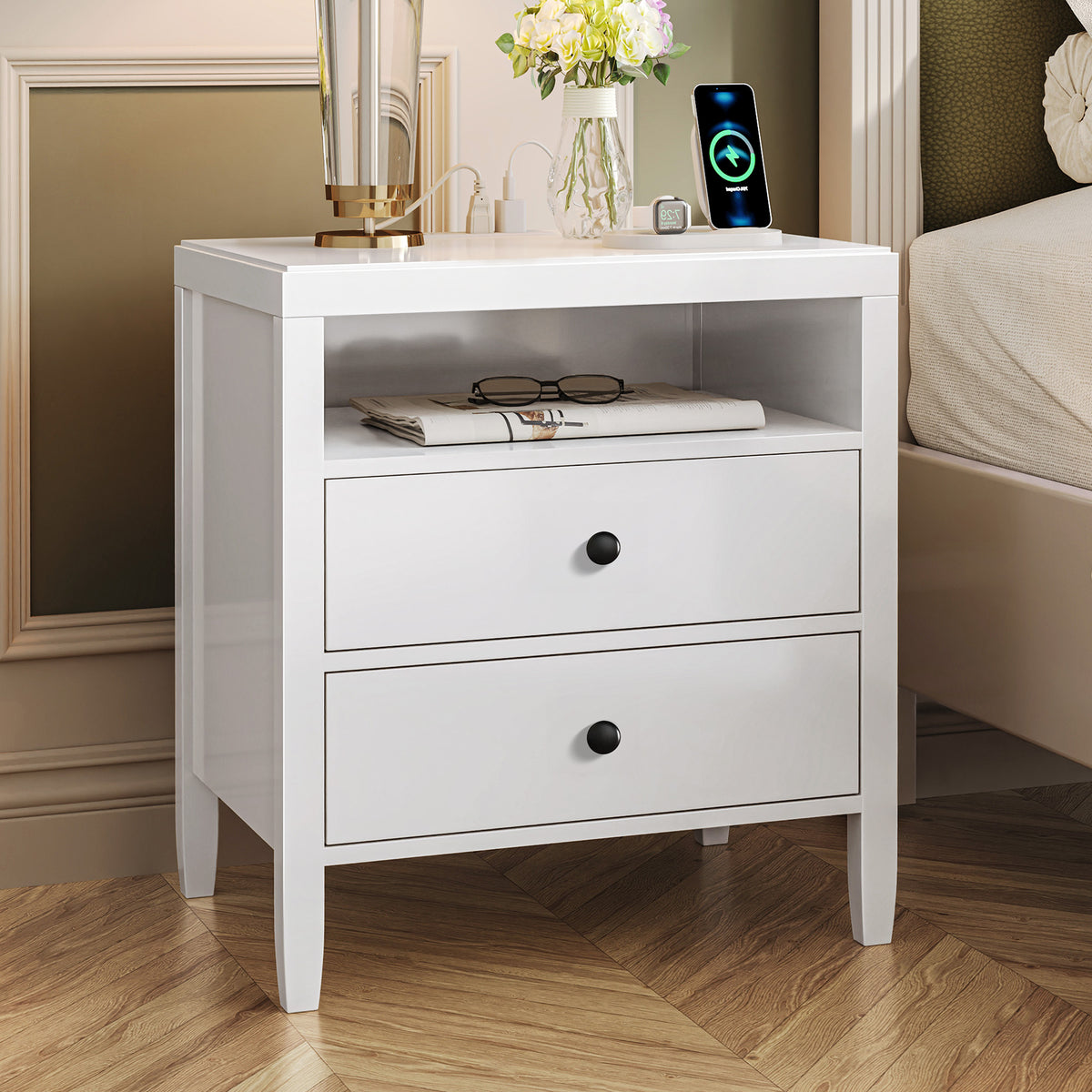 Amadwell Nightstand with Charging Station, Bedside End Table with 2 Drawers & Storage for Bedroom, White
