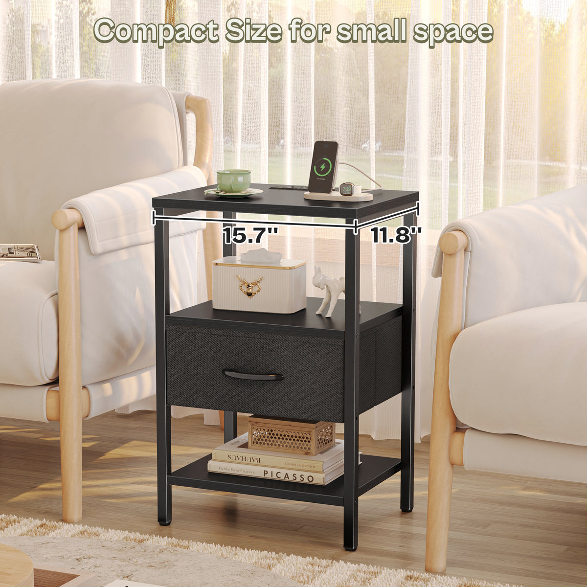 Nightstand with Charging Station, Adjustable Fabric Drawer, 3-Tier Bed Side Table, Night Stand for Bedroom, Storage End Table, Black