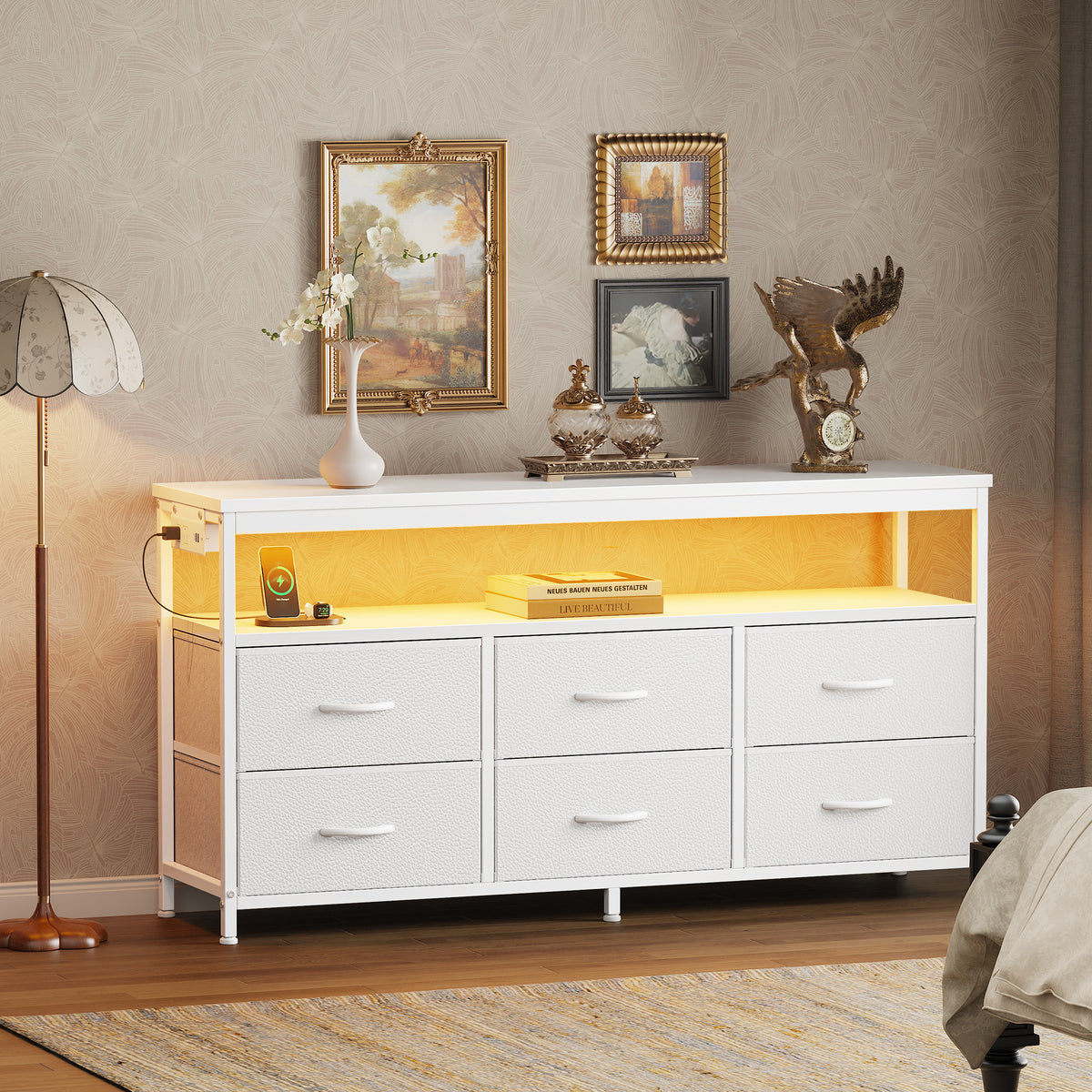 Amadwell 47 Inch LED TV Stand Dresser for 55 Inch TVs, 6 Drawer Entertainment Center with Power Outlets, Media Console with Storage, White
