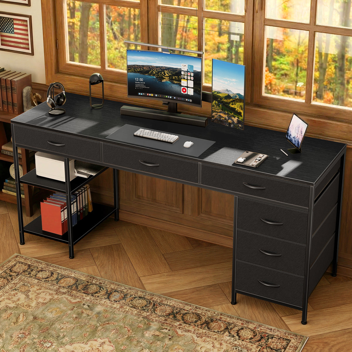 Amadwell 54" Desk with Drawers & Storage, Office Desk with Reversible Shelves, Gaming Computer Desk, Black