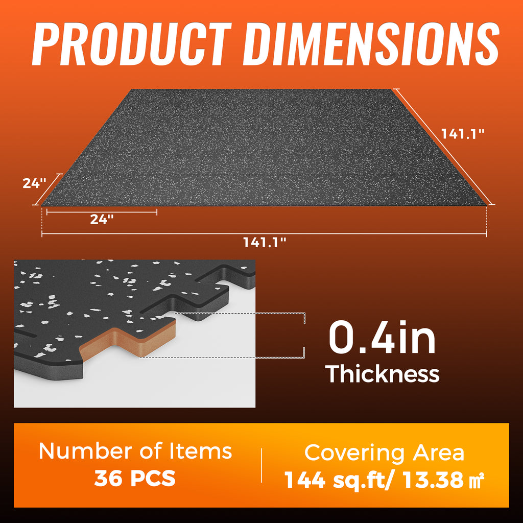 Amadwell 0.4" Thick 144 Sq Ft Gym Flooring for Home Gym，36 Tiles Upgraded Rubber Top with High Density EVA Foam, Interlocking Exercise Equipment Mats, Heavy Weight Workout Mat, Black/Grey