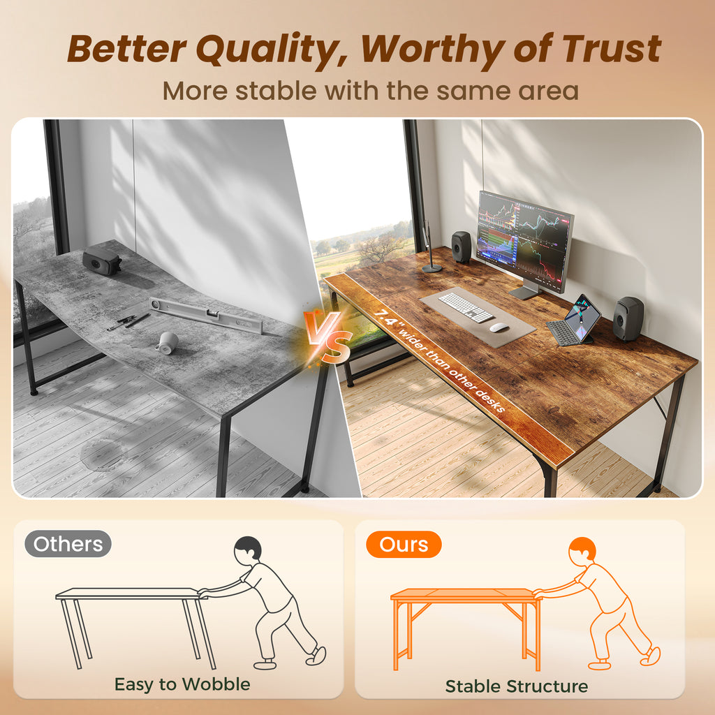63" Computer Desk, Modern Office, Study & Gaming Desk with Storage, Large Legroom, Sturdy Metal Frame, Rustic Brown