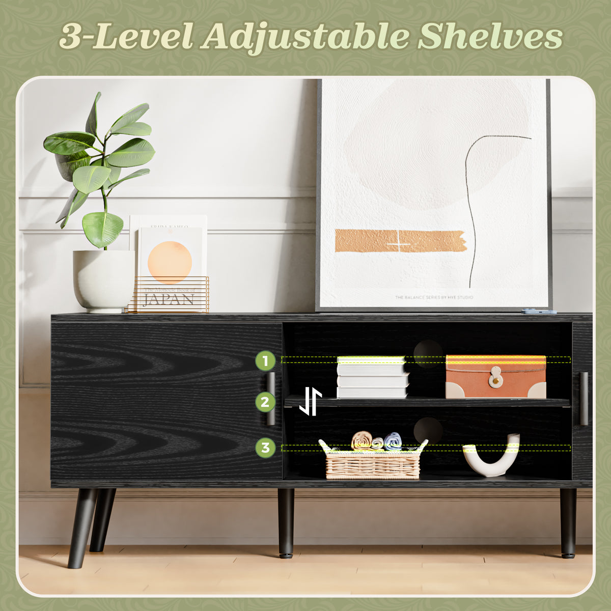 Amadwell Mid Century TV Stand for 60" TVs, Adjustable Shelf, 54 inch Media Console for Living Room, Black